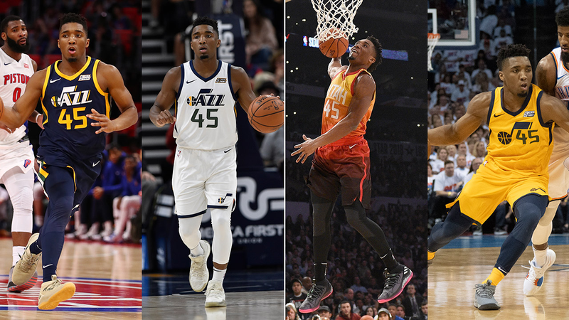 Donovan Mitchell in the four different Jazz jerseys this season. (Photos all via Getty Images; photographers, from left: Gregory Shamus, Gene Sweeney Jr., Kevork Djansezian, J Pat Carter.)